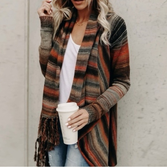 Sweaters - Women’s Earthtone Striped Cardigan with Fringe